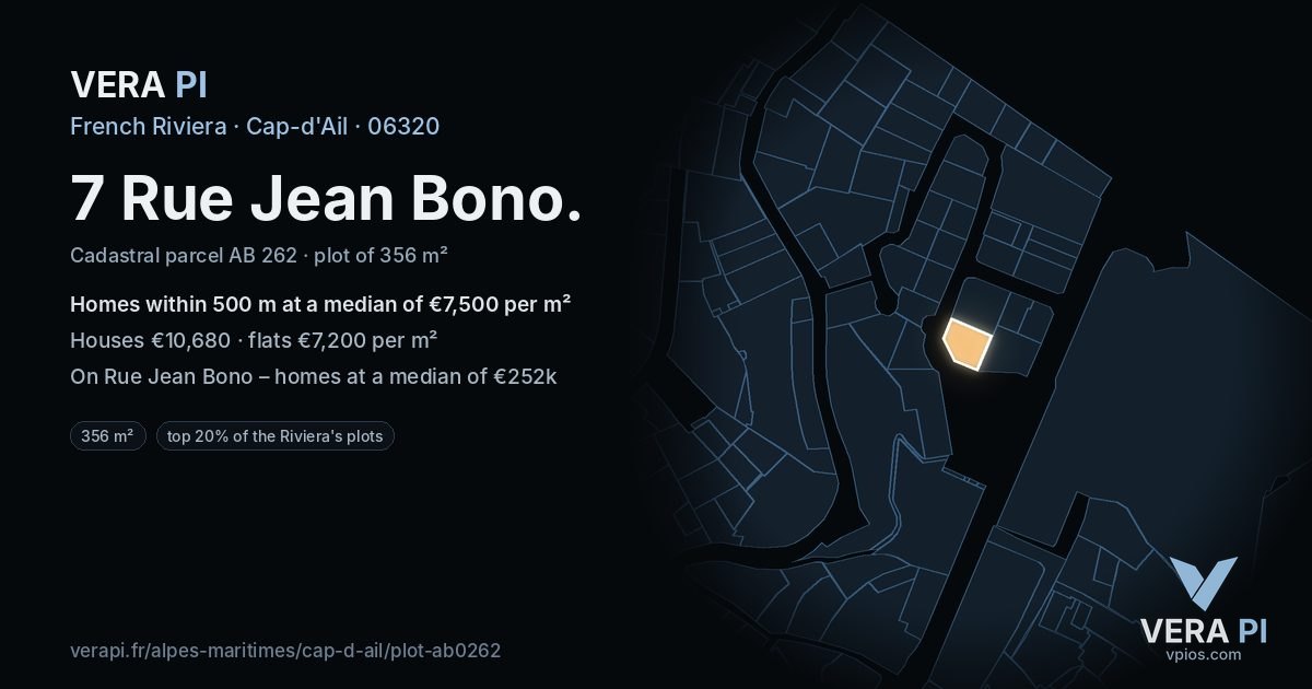 7 Rue Jean Bono, Cap-d'Ail at night – the plot lit, the parcels around coloured by the prices near them