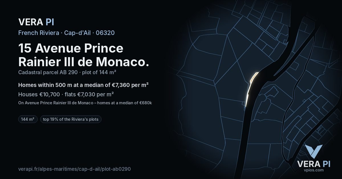 15 Avenue Prince Rainier III de Monaco, Cap-d'Ail at night – the plot lit, the parcels around coloured by the prices near them