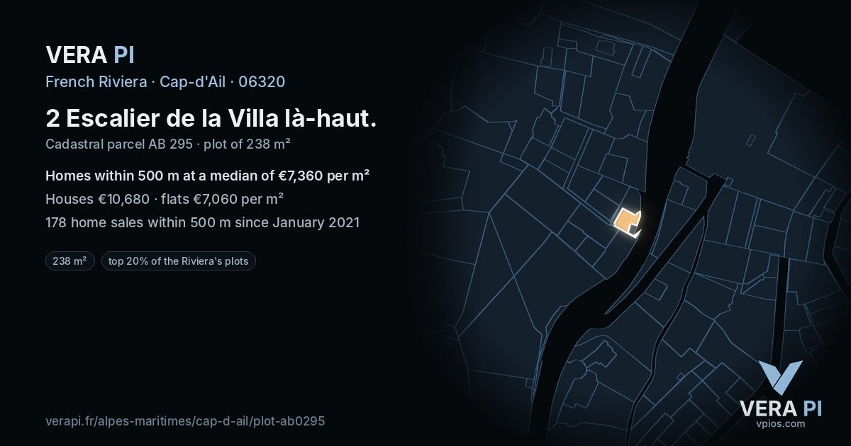 2 Escalier de la Villa là-haut, Cap-d'Ail at night – the plot lit, the parcels around coloured by the prices near them