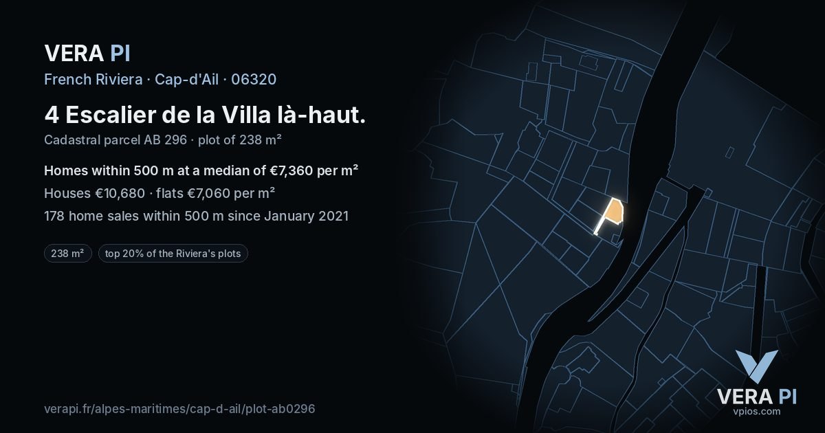 4 Escalier de la Villa là-haut, Cap-d'Ail at night – the plot lit, the parcels around coloured by the prices near them