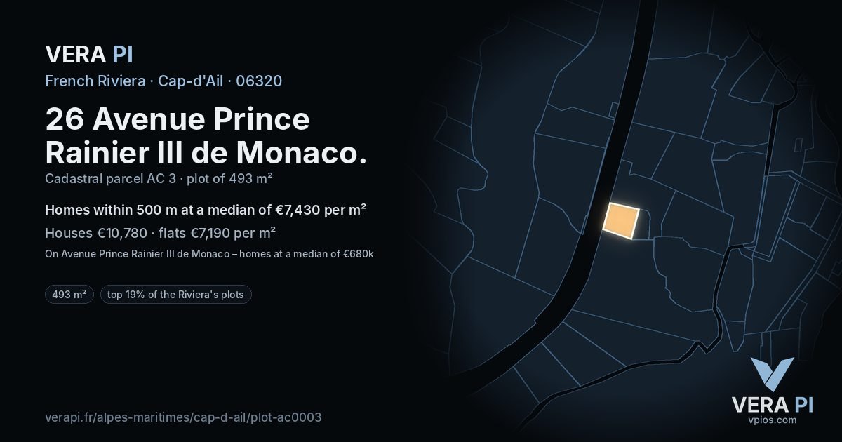 26 Avenue Prince Rainier III de Monaco, Cap-d'Ail at night – the plot lit, the parcels around coloured by the prices near them