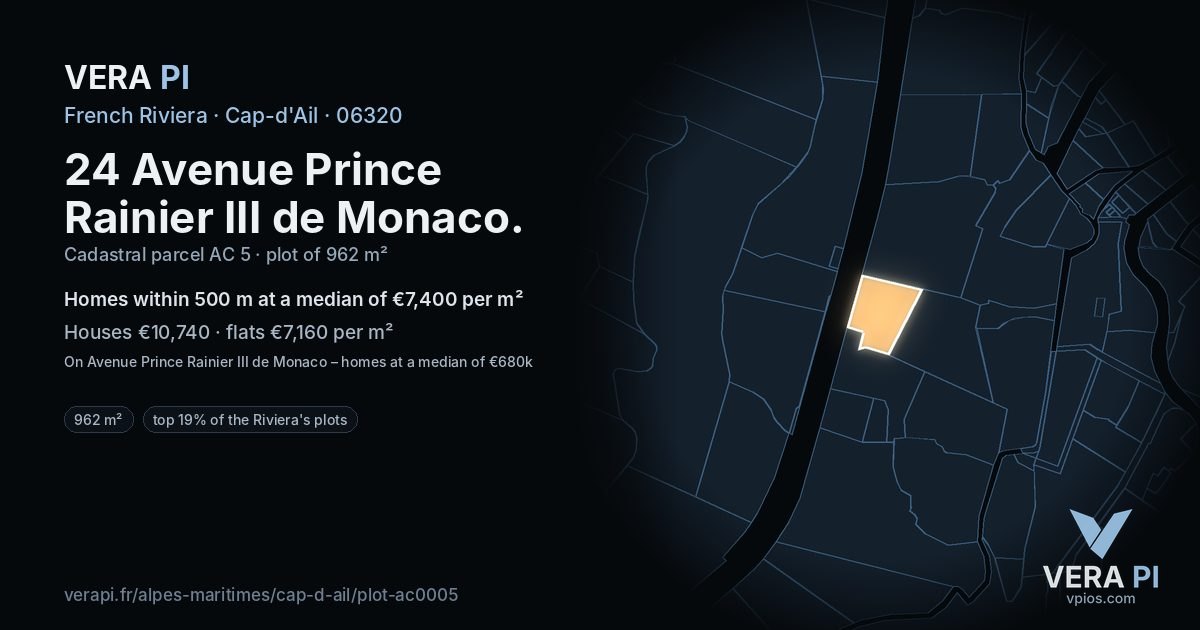 24 Avenue Prince Rainier III de Monaco, Cap-d'Ail at night – the plot lit, the parcels around coloured by the prices near them