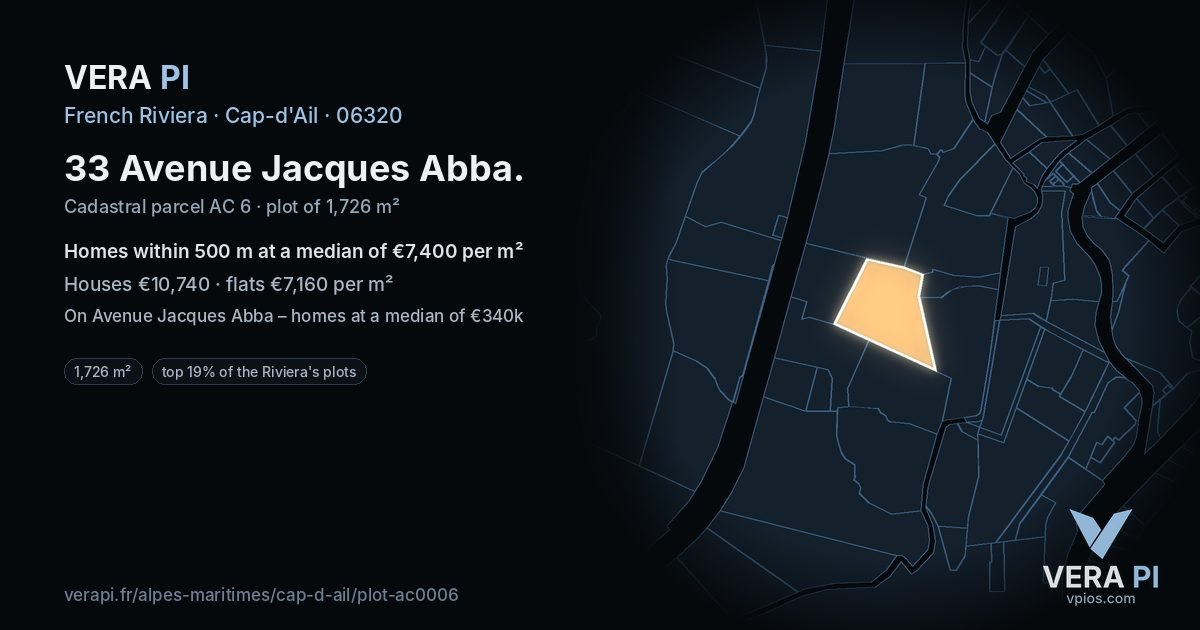 33 Avenue Jacques Abba, Cap-d'Ail at night – the plot lit, the parcels around coloured by the prices near them