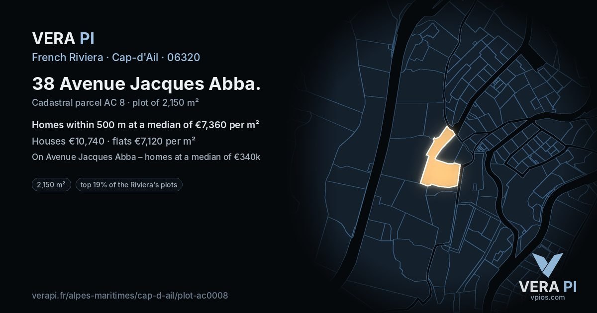 38 Avenue Jacques Abba, Cap-d'Ail at night – the plot lit, the parcels around coloured by the prices near them