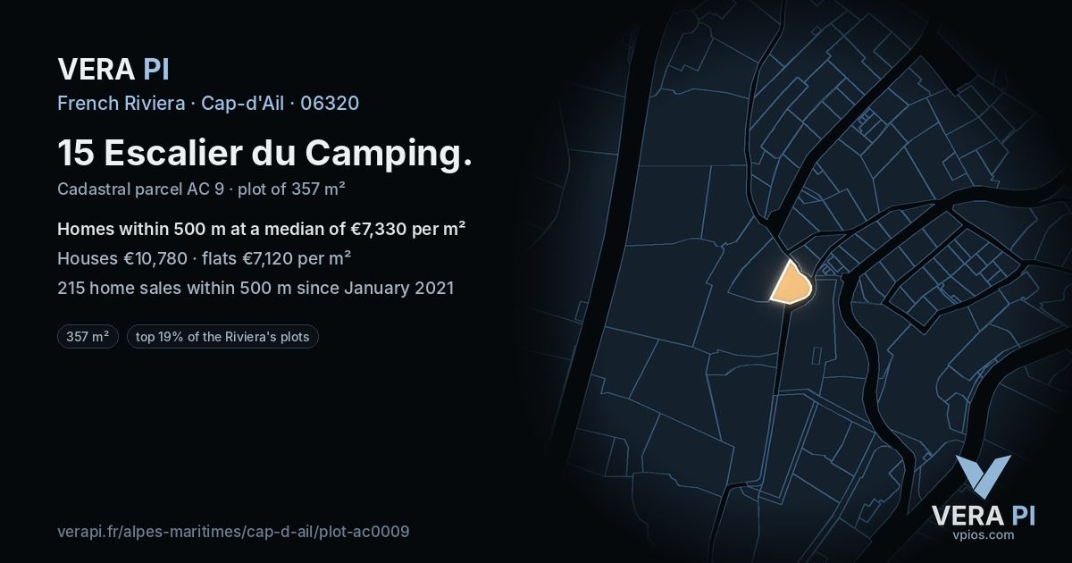 15 Escalier du Camping, Cap-d'Ail at night – the plot lit, the parcels around coloured by the prices near them