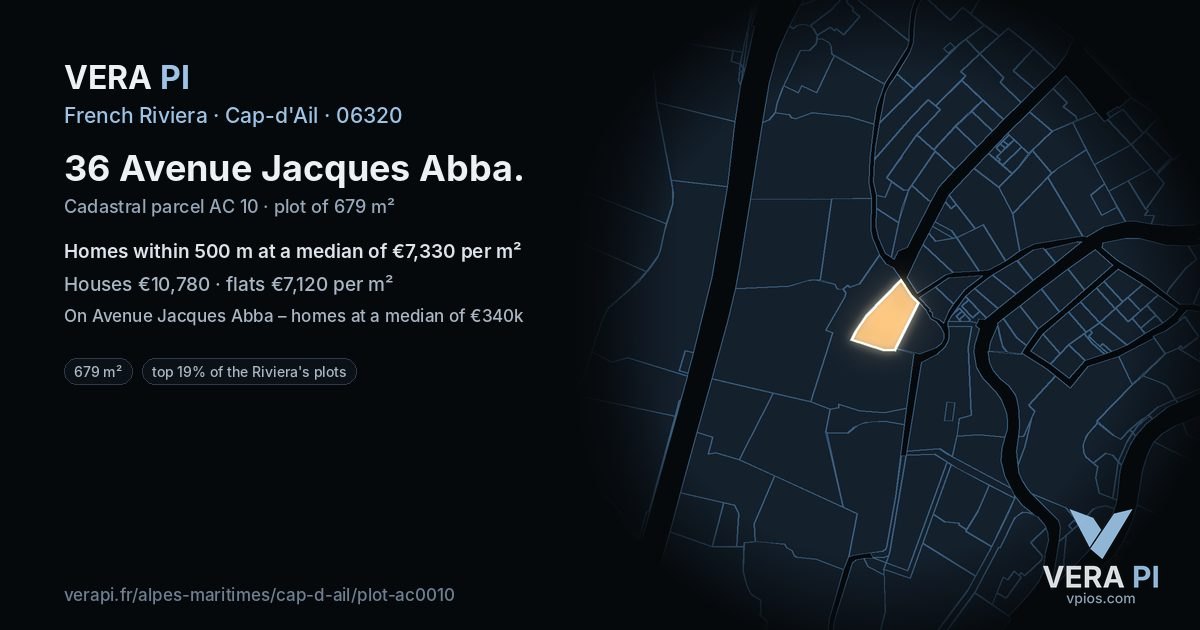 36 Avenue Jacques Abba, Cap-d'Ail at night – the plot lit, the parcels around coloured by the prices near them