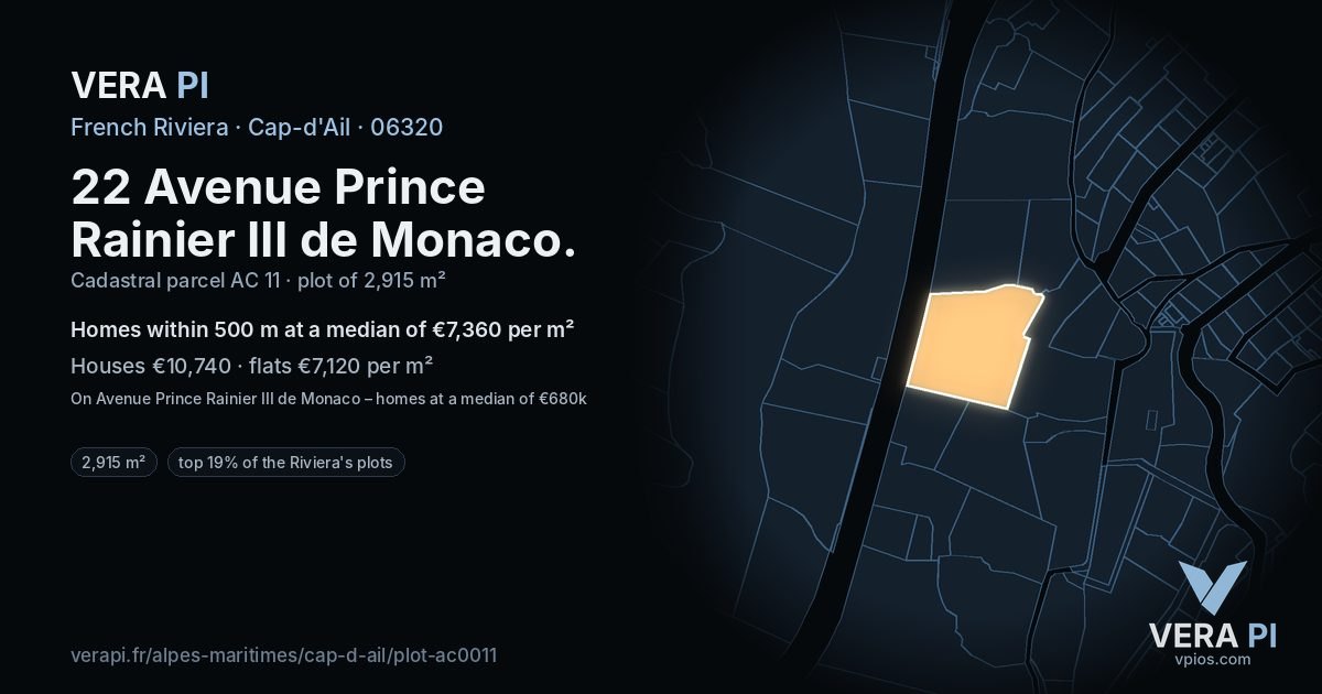 22 Avenue Prince Rainier III de Monaco, Cap-d'Ail at night – the plot lit, the parcels around coloured by the prices near them
