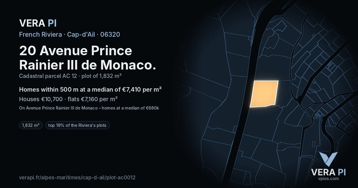 20 Avenue Prince Rainier III de Monaco, Cap-d'Ail at night – the plot lit, the parcels around coloured by the prices near them