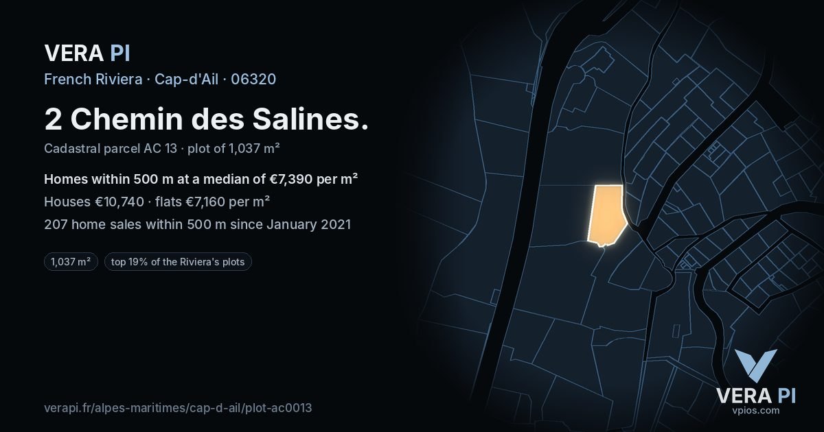 2 Chemin des Salines, Cap-d'Ail at night – the plot lit, the parcels around coloured by the prices near them