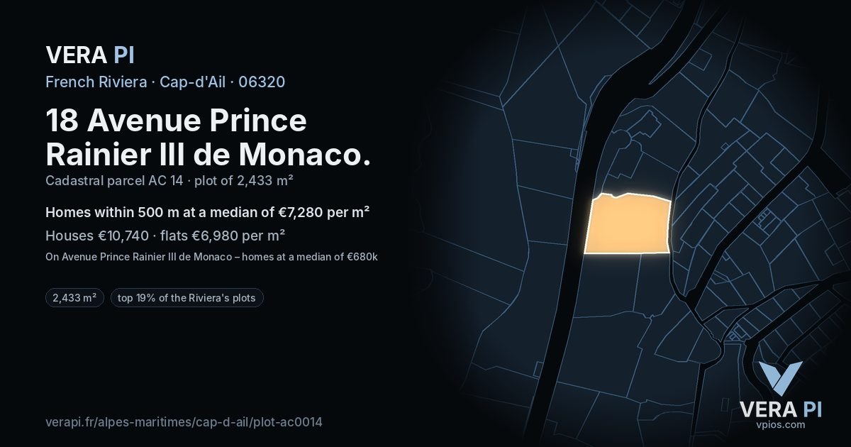 18 Avenue Prince Rainier III de Monaco, Cap-d'Ail at night – the plot lit, the parcels around coloured by the prices near them