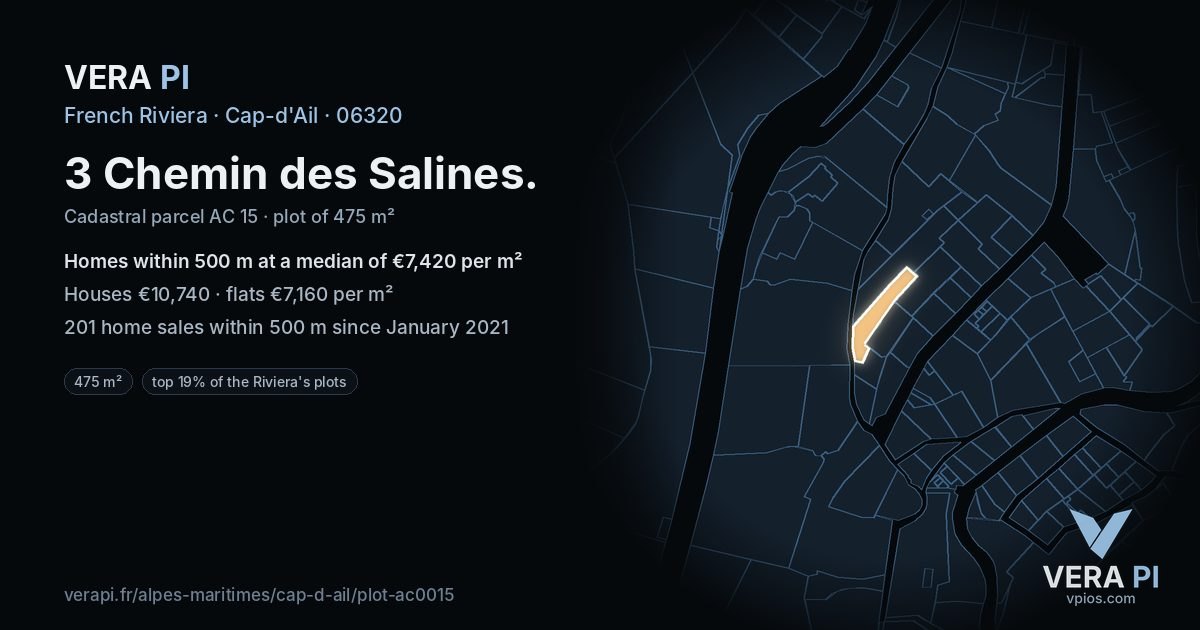 3 Chemin des Salines, Cap-d'Ail at night – the plot lit, the parcels around coloured by the prices near them