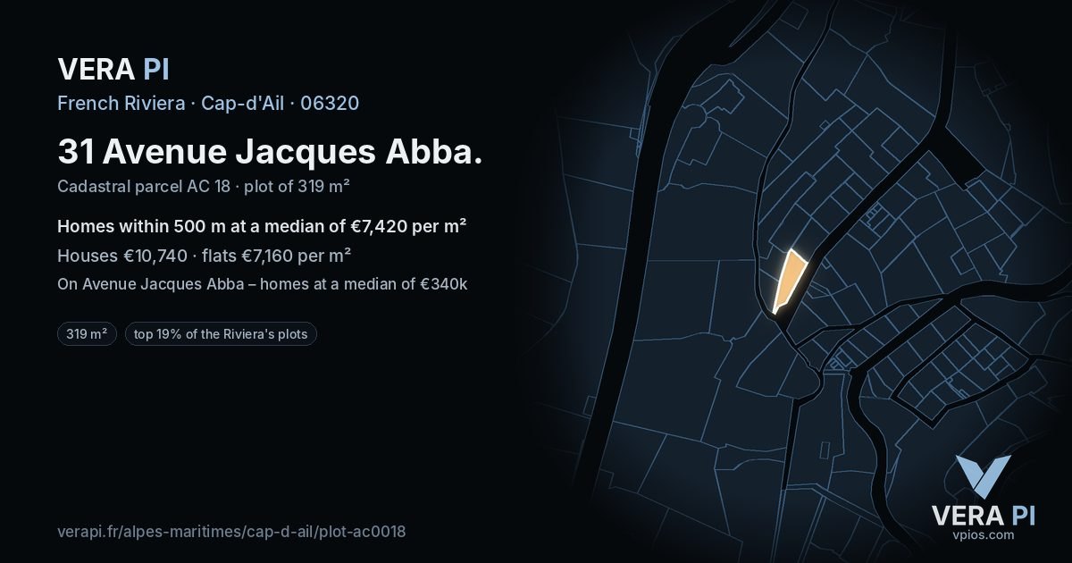 31 Avenue Jacques Abba, Cap-d'Ail at night – the plot lit, the parcels around coloured by the prices near them