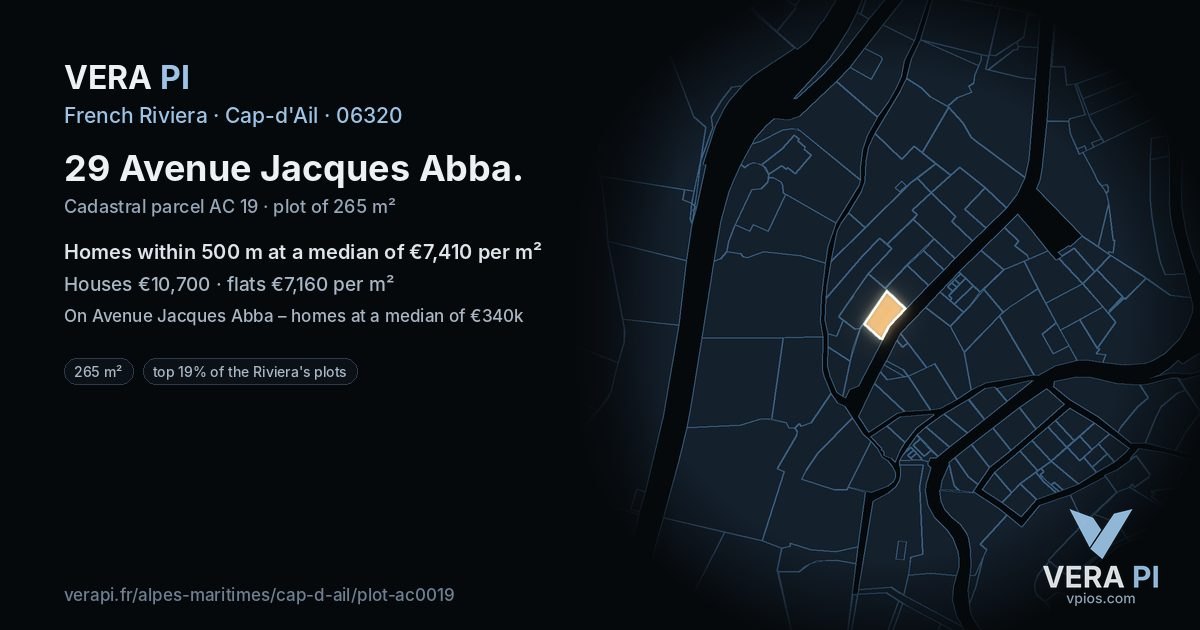 29 Avenue Jacques Abba, Cap-d'Ail at night – the plot lit, the parcels around coloured by the prices near them