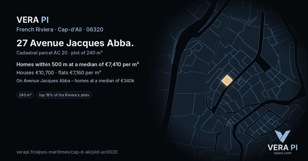 27 Avenue Jacques Abba, Cap-d'Ail at night – the plot lit, the parcels around coloured by the prices near them