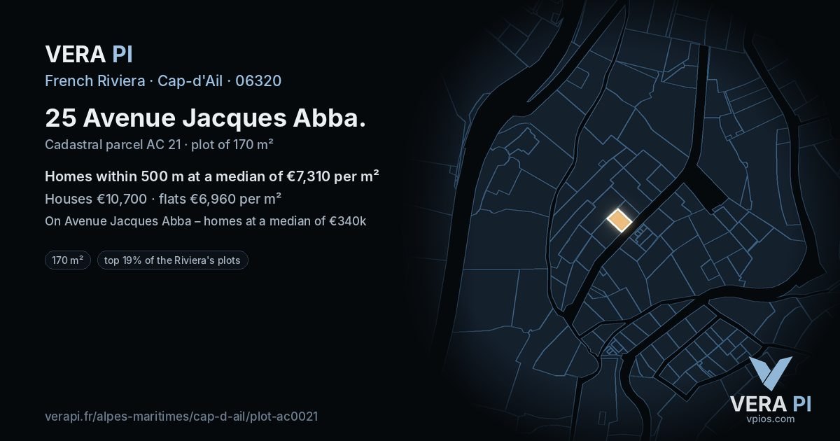 25 Avenue Jacques Abba, Cap-d'Ail at night – the plot lit, the parcels around coloured by the prices near them