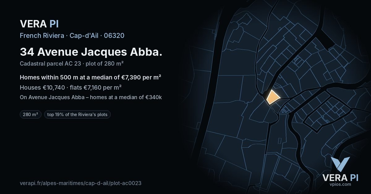 34 Avenue Jacques Abba, Cap-d'Ail at night – the plot lit, the parcels around coloured by the prices near them