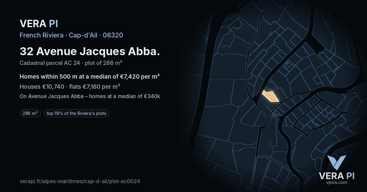 32 Avenue Jacques Abba, Cap-d'Ail at night – the plot lit, the parcels around coloured by the prices near them