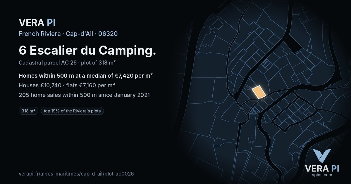 6 Escalier du Camping, Cap-d'Ail at night – the plot lit, the parcels around coloured by the prices near them