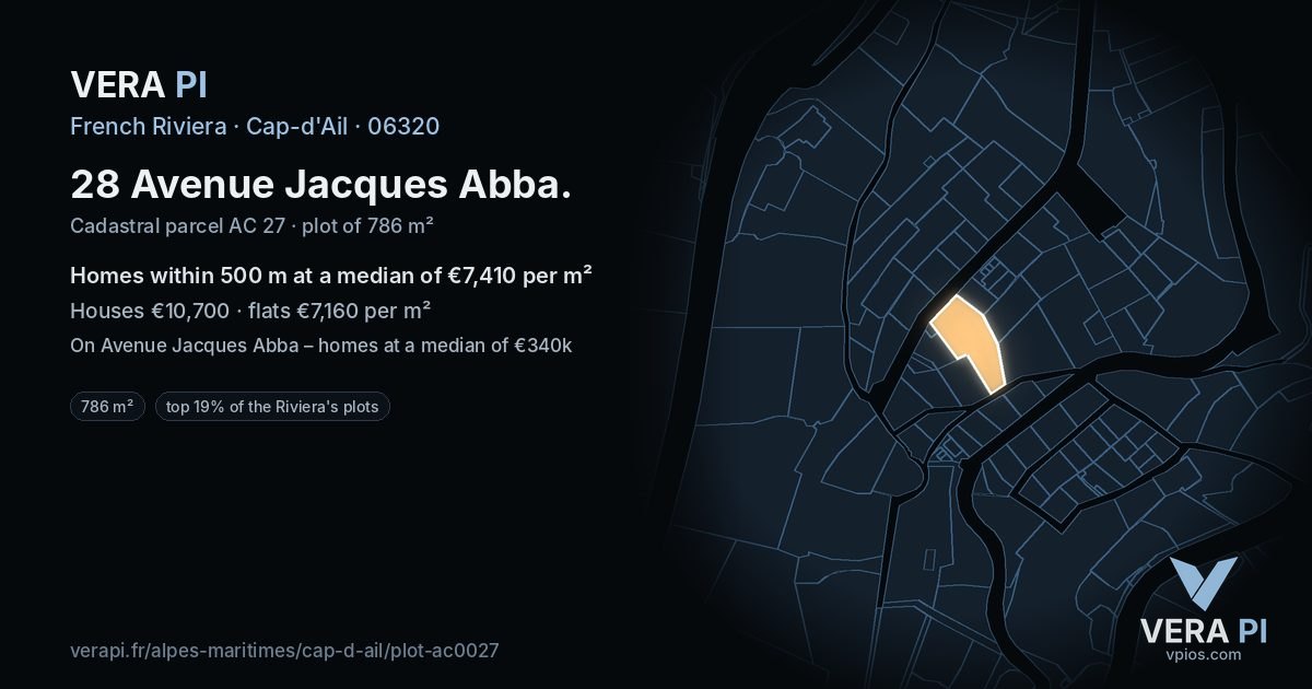 28 Avenue Jacques Abba, Cap-d'Ail at night – the plot lit, the parcels around coloured by the prices near them
