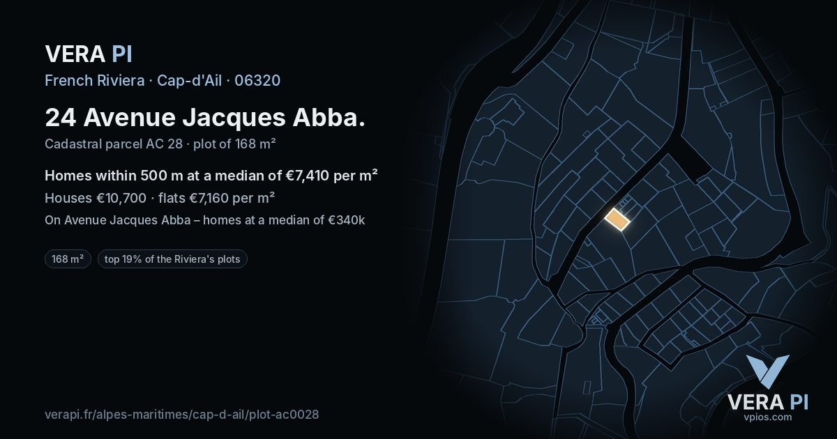 24 Avenue Jacques Abba, Cap-d'Ail at night – the plot lit, the parcels around coloured by the prices near them