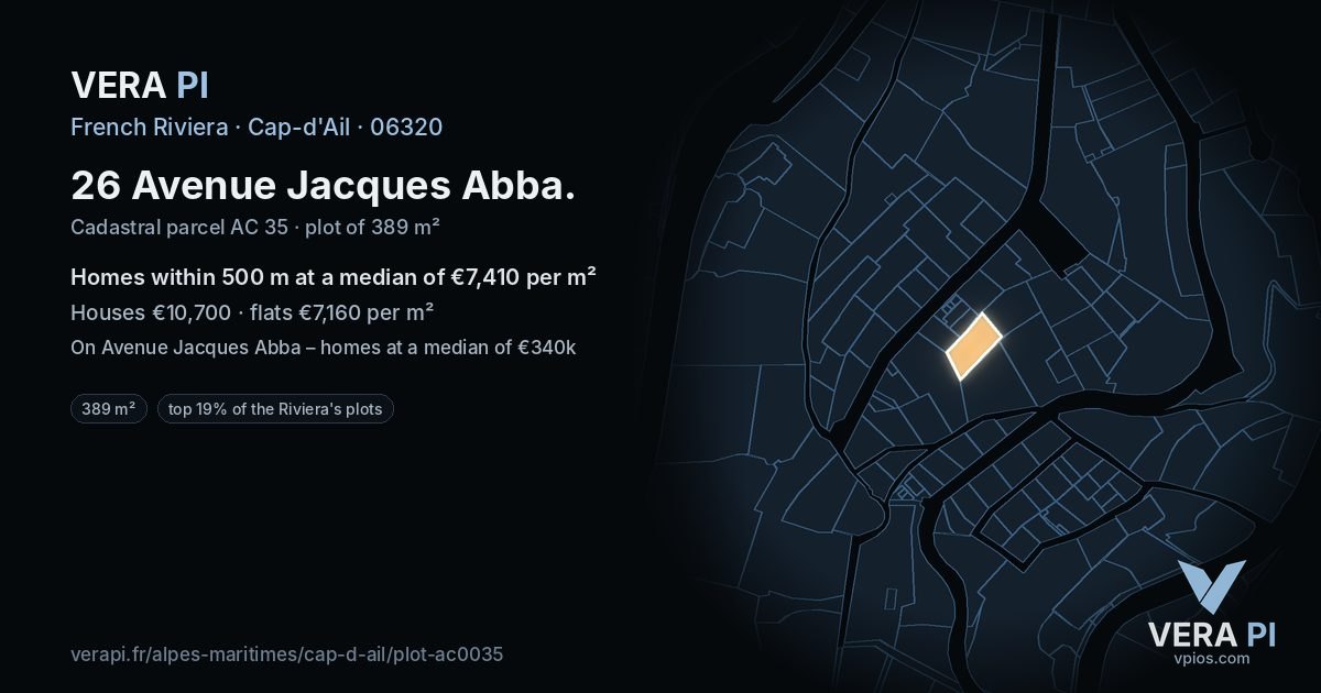 26 Avenue Jacques Abba, Cap-d'Ail at night – the plot lit, the parcels around coloured by the prices near them