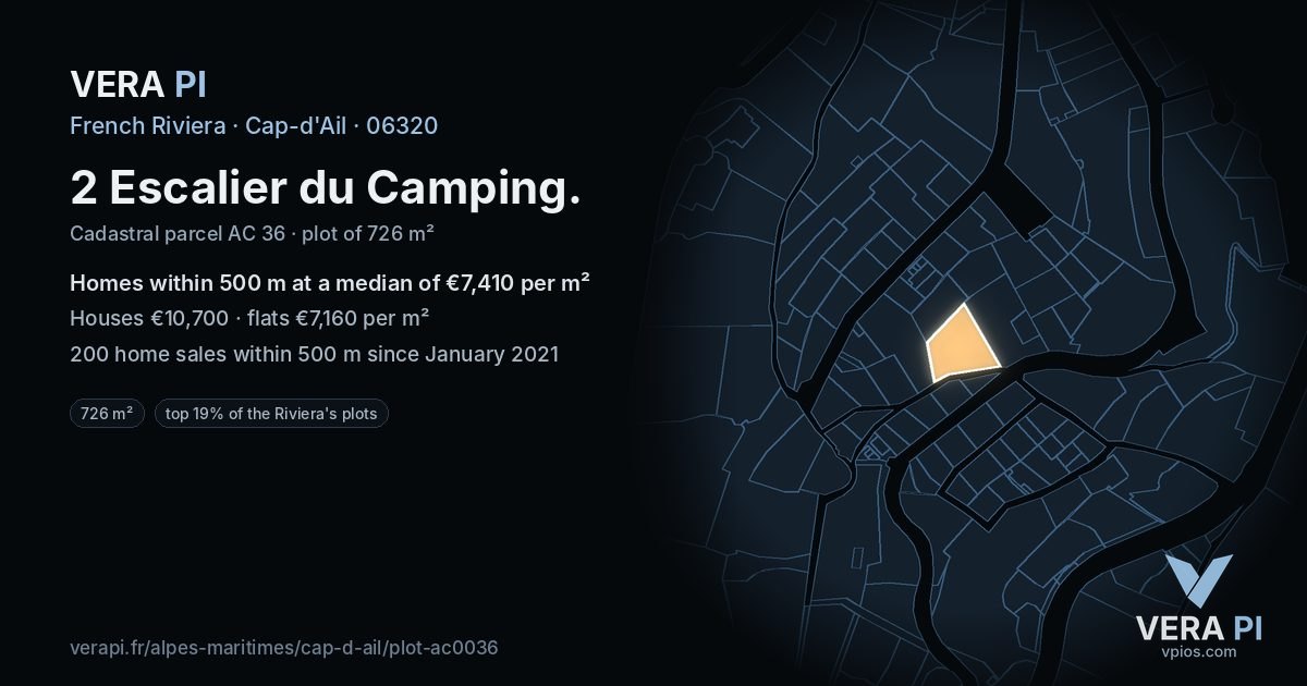 2 Escalier du Camping, Cap-d'Ail at night – the plot lit, the parcels around coloured by the prices near them