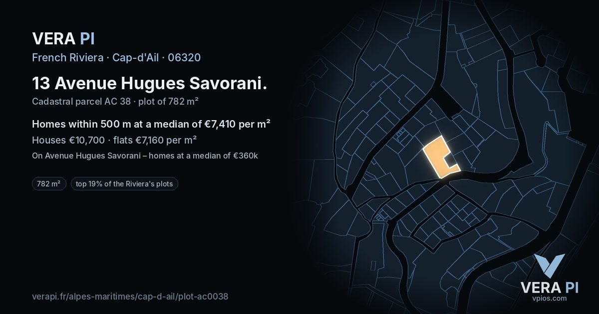 13 Avenue Hugues Savorani, Cap-d'Ail at night – the plot lit, the parcels around coloured by the prices near them