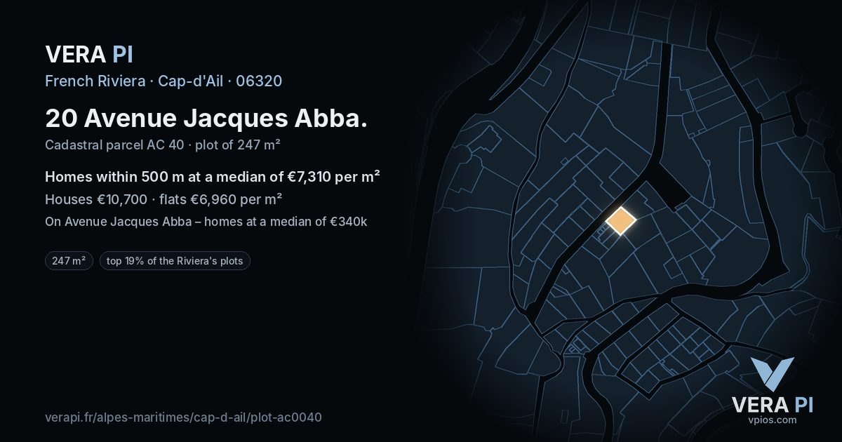 20 Avenue Jacques Abba, Cap-d'Ail at night – the plot lit, the parcels around coloured by the prices near them