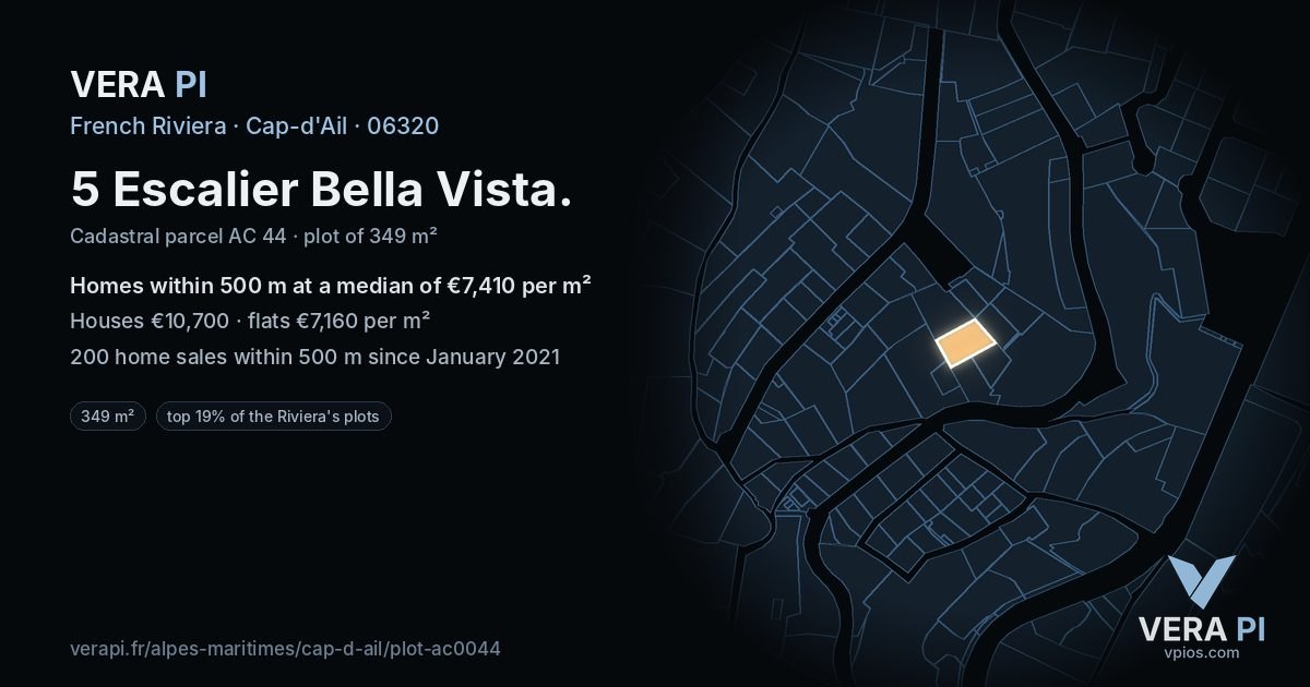 5 Escalier Bella Vista, Cap-d'Ail at night – the plot lit, the parcels around coloured by the prices near them