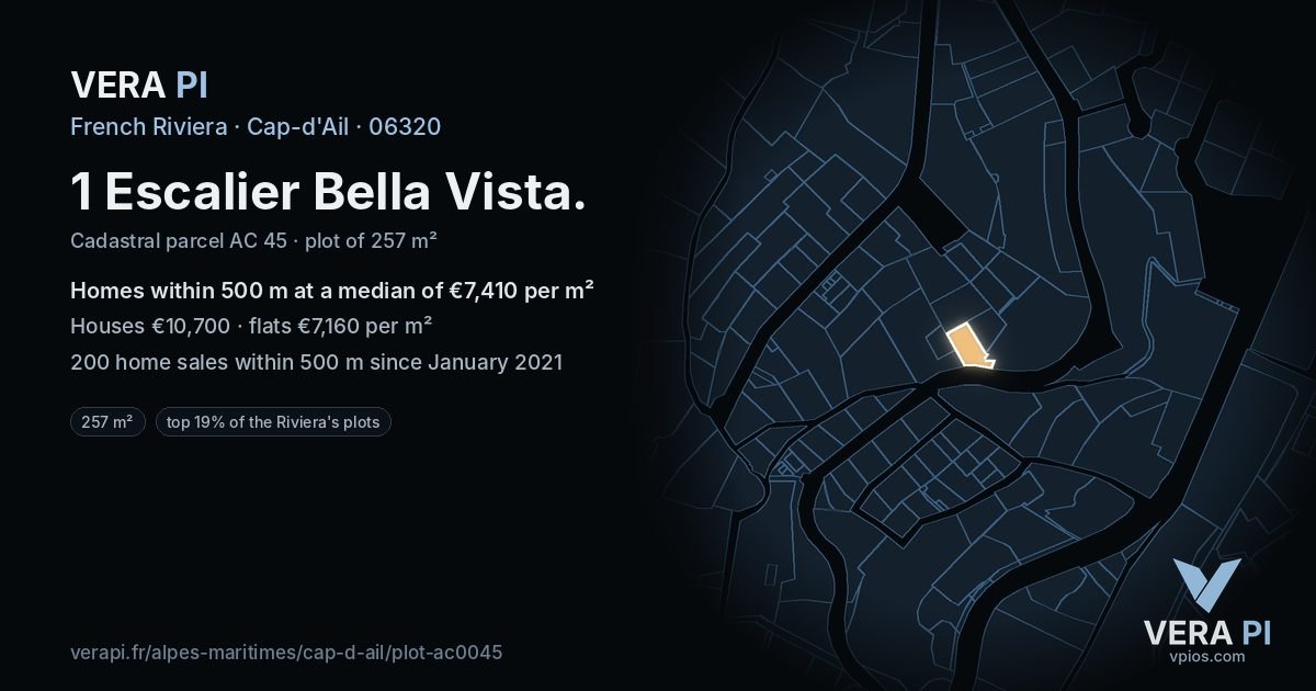 1 Escalier Bella Vista, Cap-d'Ail at night – the plot lit, the parcels around coloured by the prices near them