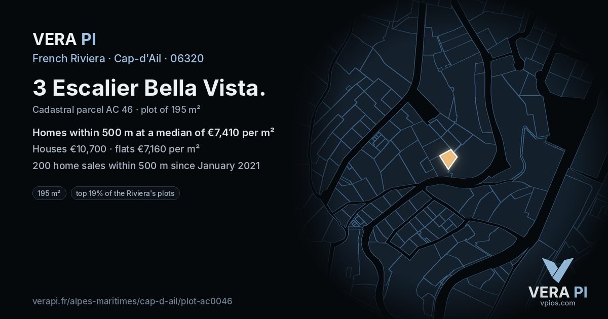 3 Escalier Bella Vista, Cap-d'Ail at night – the plot lit, the parcels around coloured by the prices near them