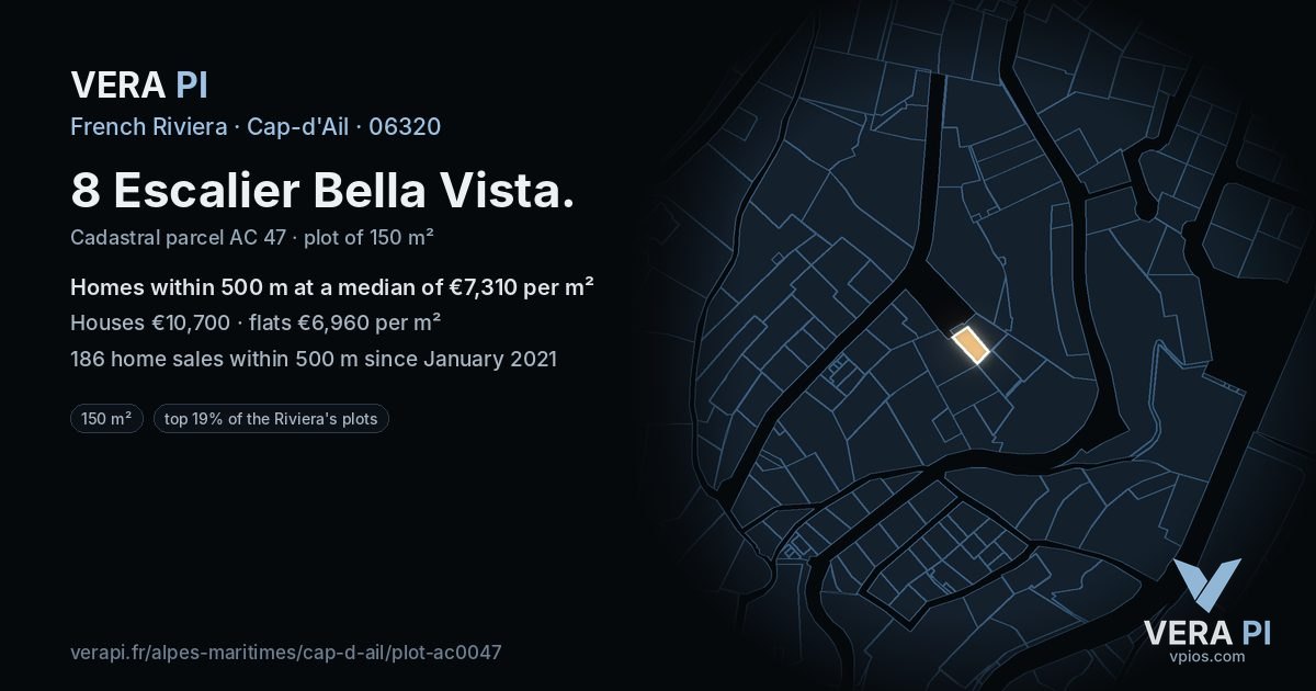 8 Escalier Bella Vista, Cap-d'Ail at night – the plot lit, the parcels around coloured by the prices near them