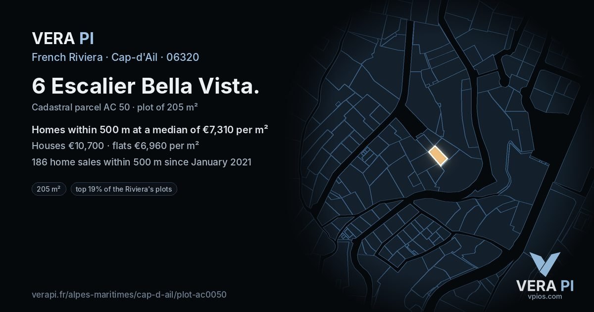 6 Escalier Bella Vista, Cap-d'Ail at night – the plot lit, the parcels around coloured by the prices near them