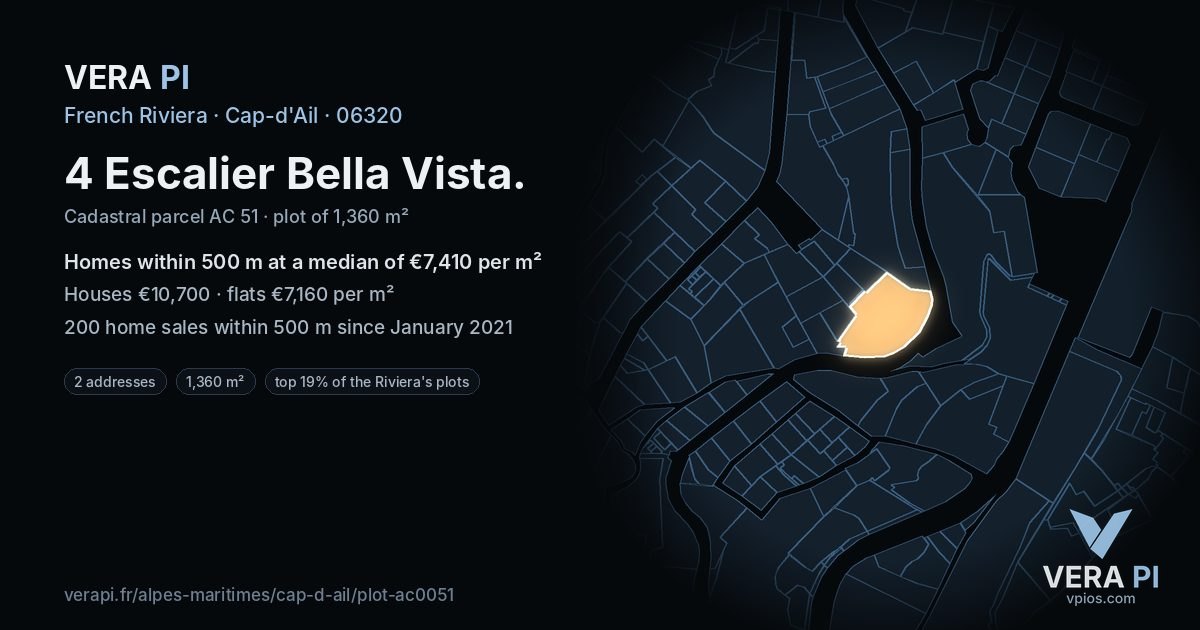 4 Escalier Bella Vista, Cap-d'Ail at night – the plot lit, the parcels around coloured by the prices near them