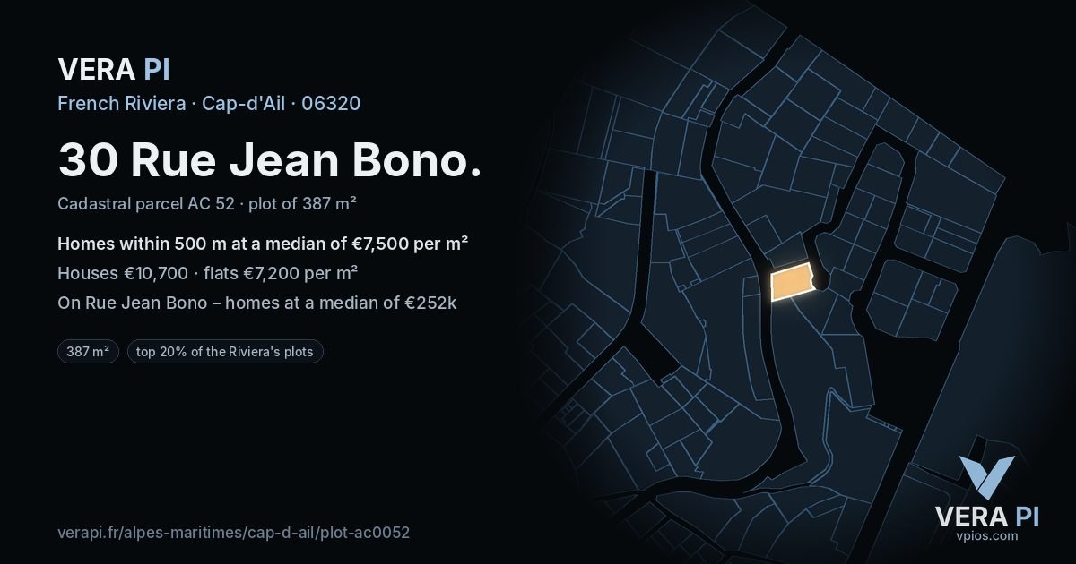 30 Rue Jean Bono, Cap-d'Ail at night – the plot lit, the parcels around coloured by the prices near them