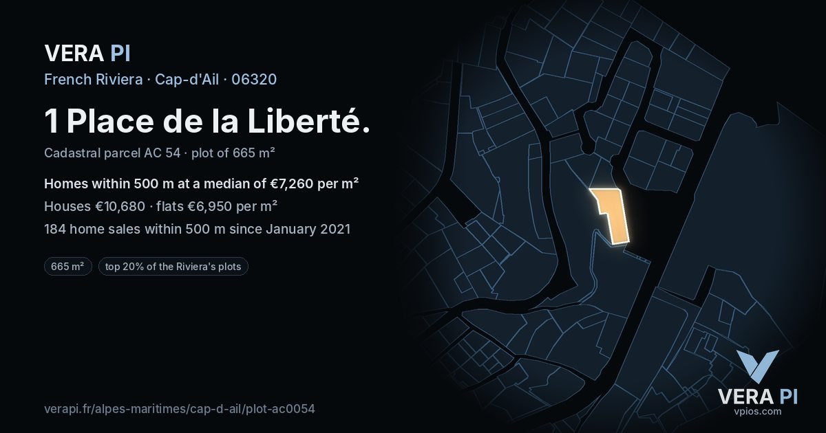 1 Place de la Liberté, Cap-d'Ail at night – the plot lit, the parcels around coloured by the prices near them