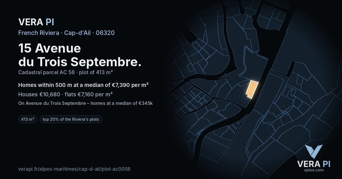 15 Avenue du Trois Septembre, Cap-d'Ail at night – the plot lit, the parcels around coloured by the prices near them