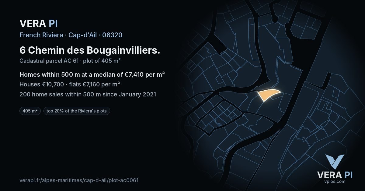 6 Chemin des Bougainvilliers, Cap-d'Ail at night – the plot lit, the parcels around coloured by the prices near them