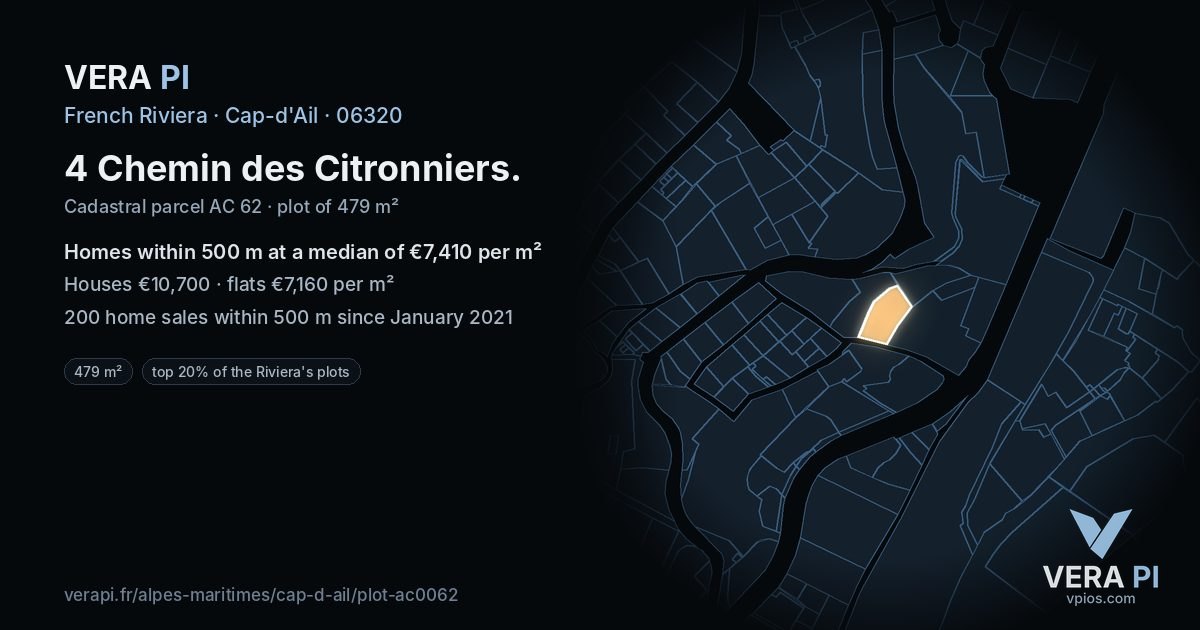 4 Chemin des Citronniers, Cap-d'Ail at night – the plot lit, the parcels around coloured by the prices near them