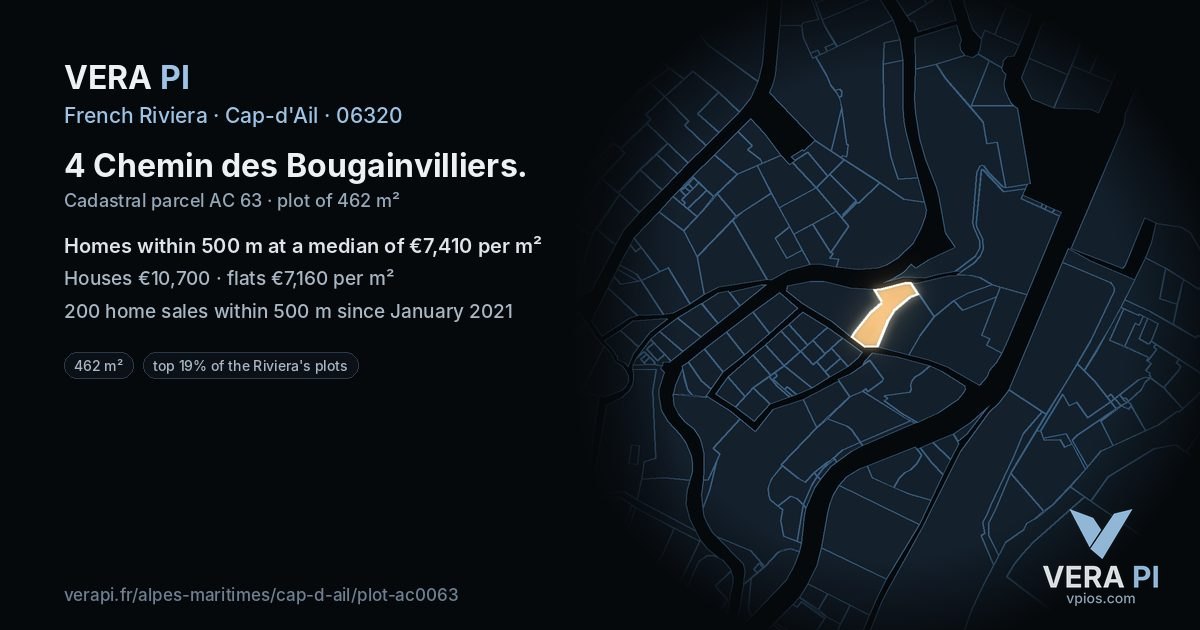 4 Chemin des Bougainvilliers, Cap-d'Ail at night – the plot lit, the parcels around coloured by the prices near them