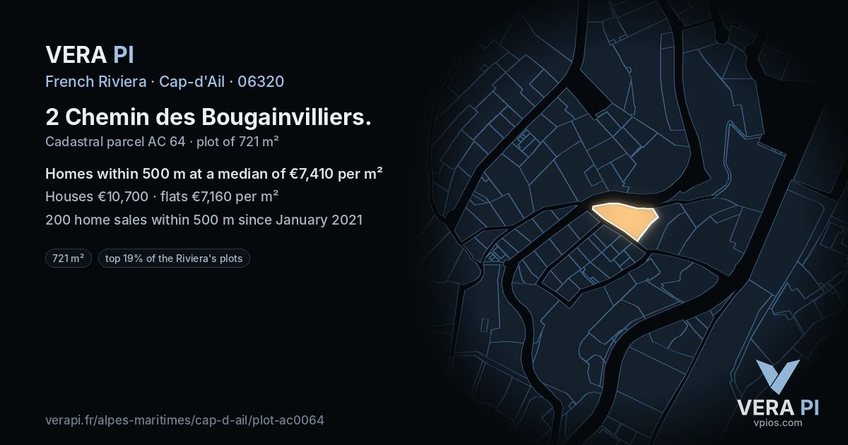 2 Chemin des Bougainvilliers, Cap-d'Ail at night – the plot lit, the parcels around coloured by the prices near them