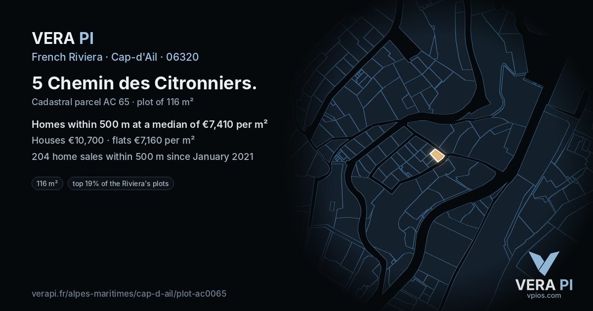 5 Chemin des Citronniers, Cap-d'Ail at night – the plot lit, the parcels around coloured by the prices near them