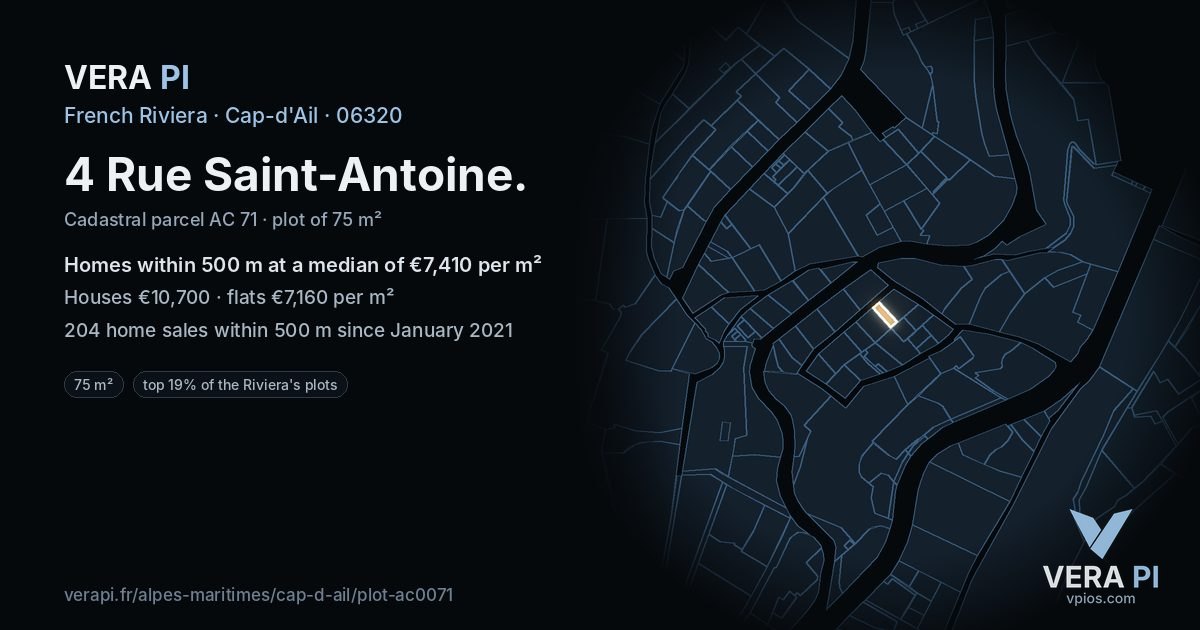 4 Rue Saint-Antoine, Cap-d'Ail at night – the plot lit, the parcels around coloured by the prices near them