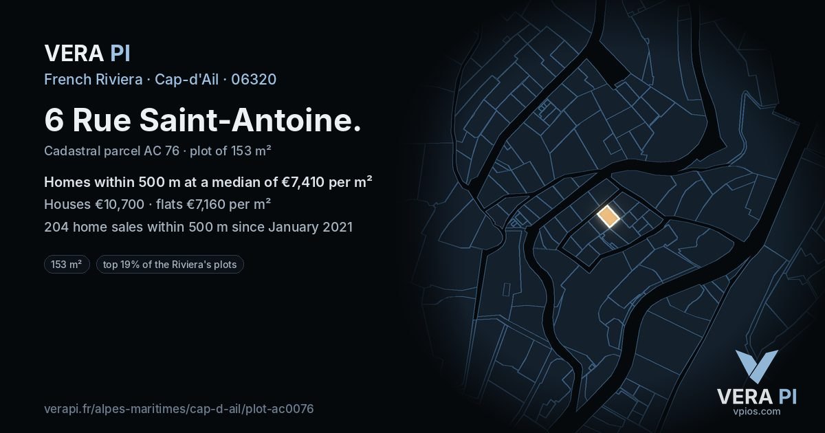 6 Rue Saint-Antoine, Cap-d'Ail at night – the plot lit, the parcels around coloured by the prices near them