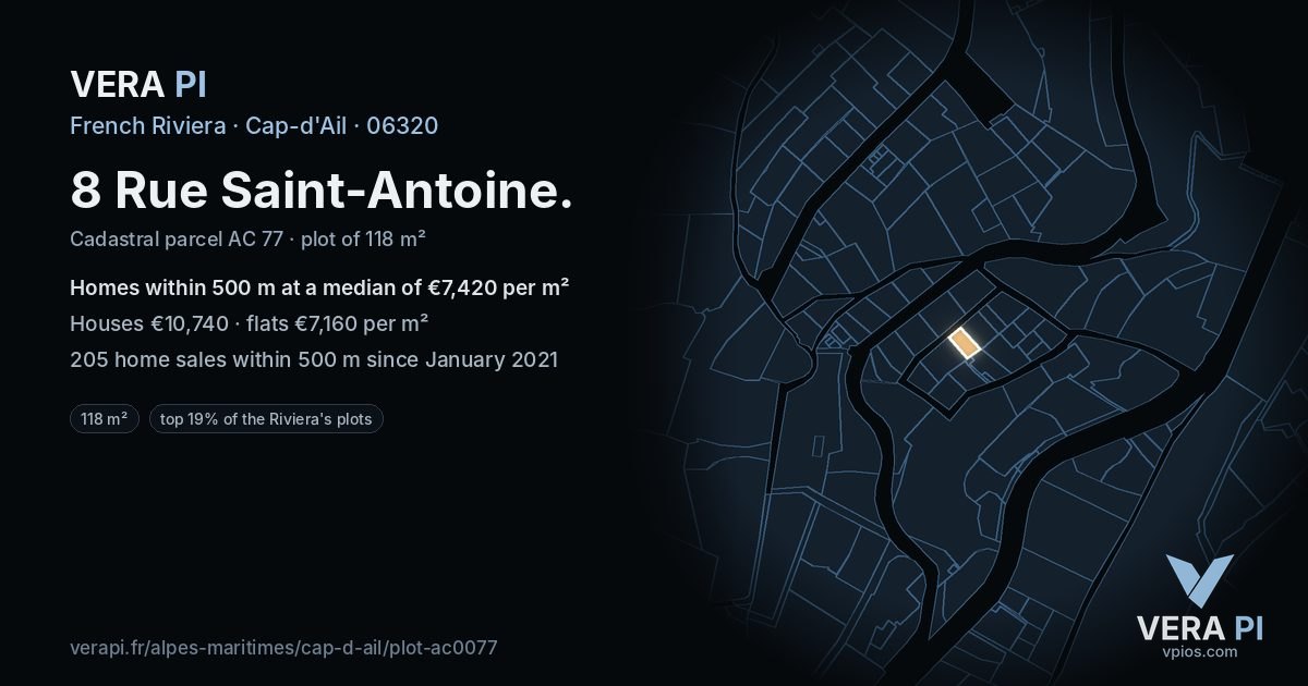 8 Rue Saint-Antoine, Cap-d'Ail at night – the plot lit, the parcels around coloured by the prices near them