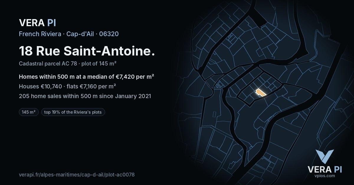 18 Rue Saint-Antoine, Cap-d'Ail at night – the plot lit, the parcels around coloured by the prices near them