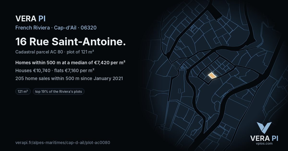 16 Rue Saint-Antoine, Cap-d'Ail at night – the plot lit, the parcels around coloured by the prices near them