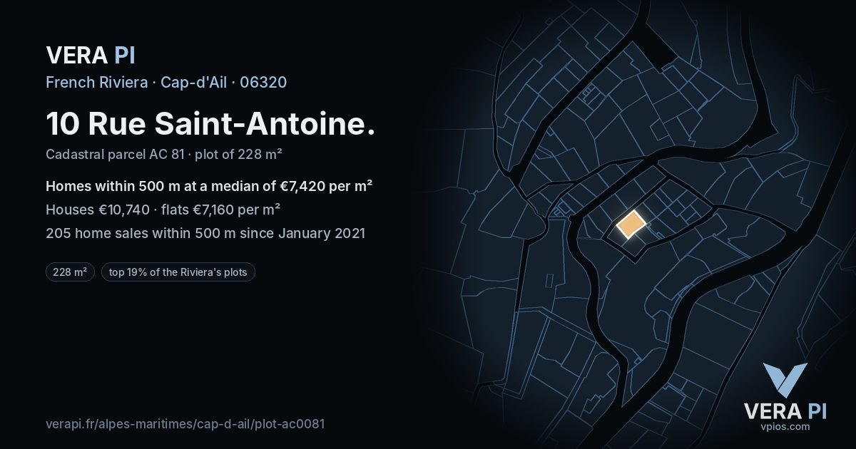 10 Rue Saint-Antoine, Cap-d'Ail at night – the plot lit, the parcels around coloured by the prices near them