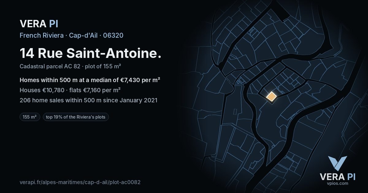 14 Rue Saint-Antoine, Cap-d'Ail at night – the plot lit, the parcels around coloured by the prices near them