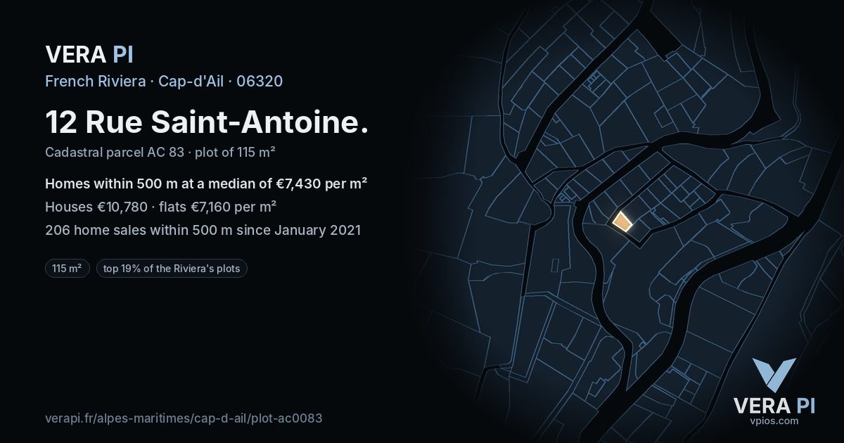 12 Rue Saint-Antoine, Cap-d'Ail at night – the plot lit, the parcels around coloured by the prices near them